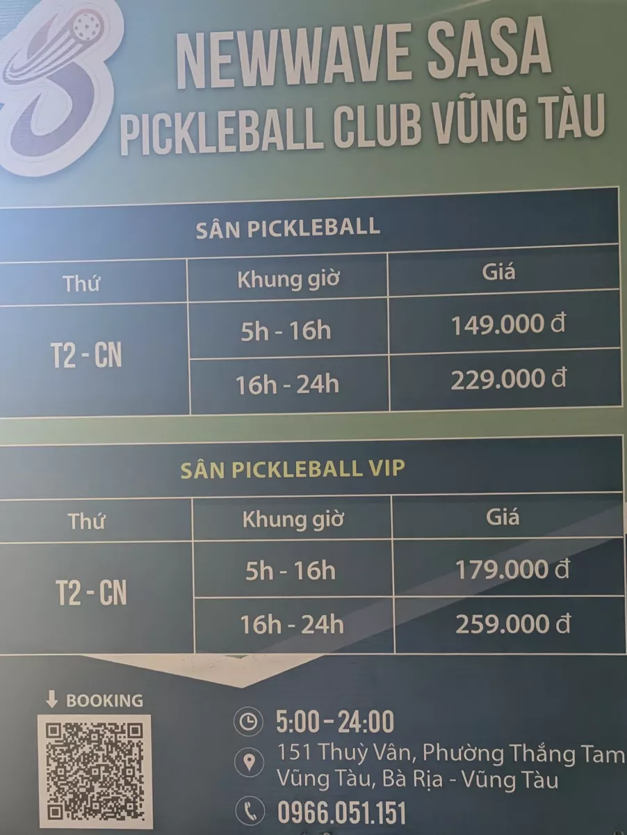 Bảng giá thuê sân sasa pickleball vũng tàu