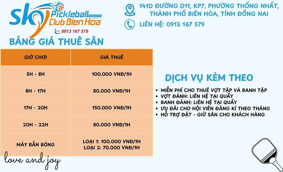 Giá thuê sân Sky Pickleball Club Biên Hoà