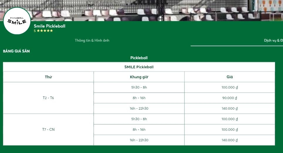 Cập nhật bảng giá sân Smile Pickleball