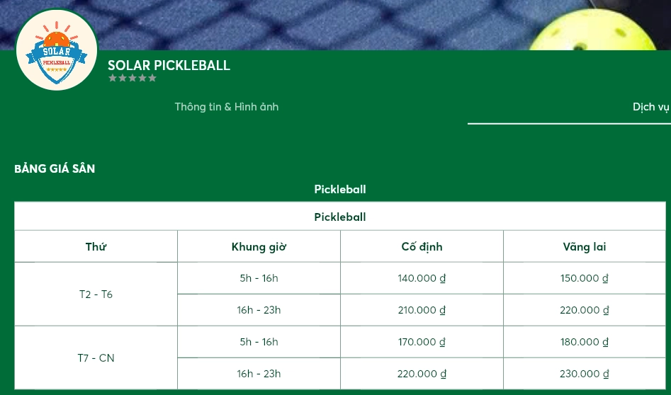 Giá thuê sân Solar Pickleball