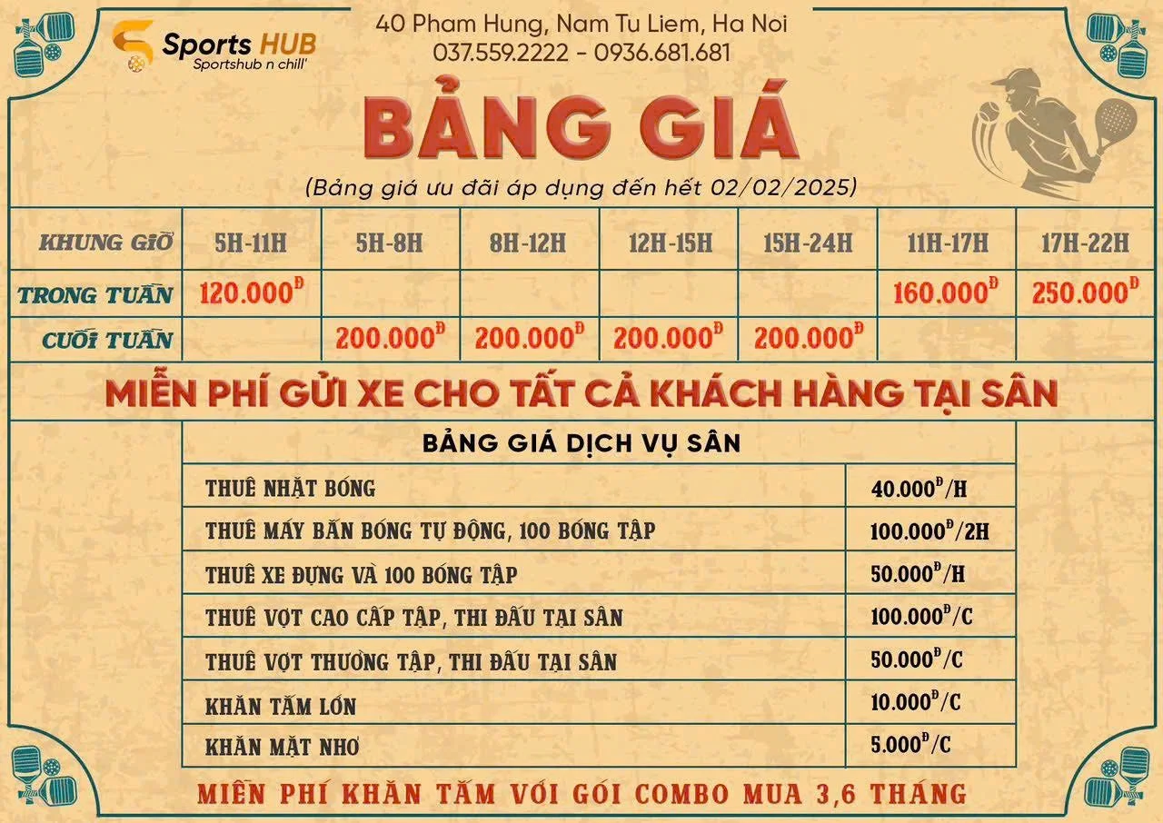 Giá thuê sân SportsHub Pickleball Phạm Hùng