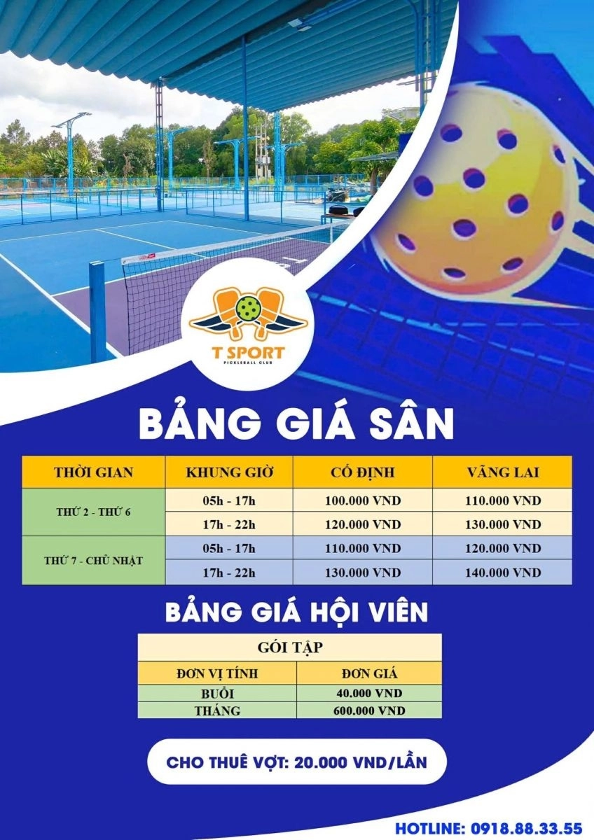 Giá thuê sân T Sport - Pickleball Club Bình Dương
