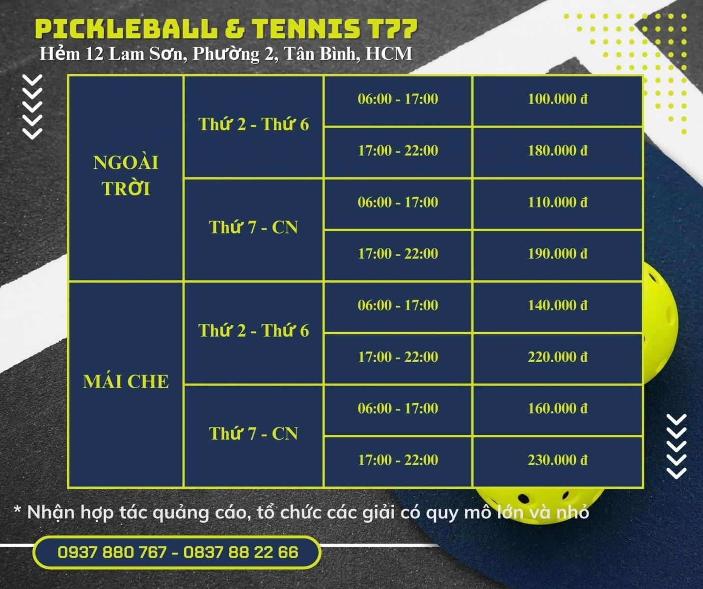 Giá thuê sân T77 Pickleball & Tennis Sports Club Hồ Chí Minh
