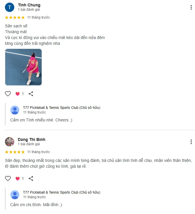 Đánh giá của người chơi tại sân T77 Pickleball & Tennis Sports Club Hồ Chí Minh