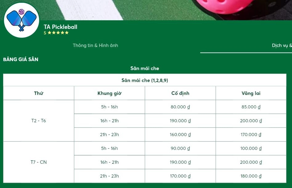 Bảng giá thuê sân TA Pickleball