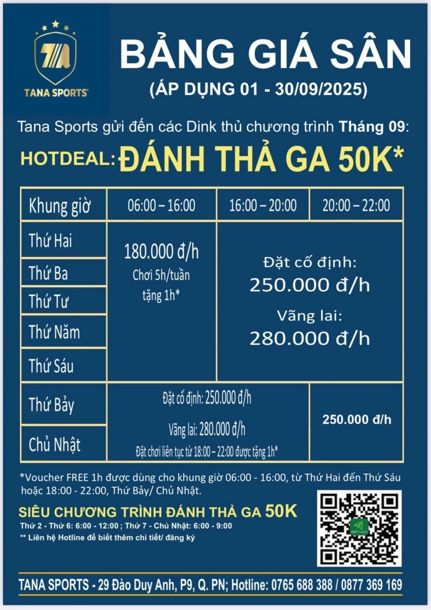 Giá thuê sân Tana Pickleball 