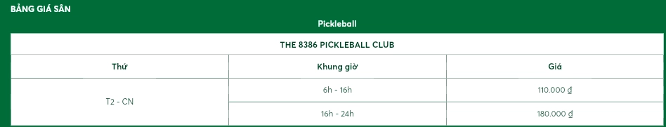 Bảng giá của The 8386 Pickleball Club