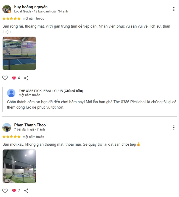 Đánh giá của người chơi tại sân The 8386 Pickleball Club