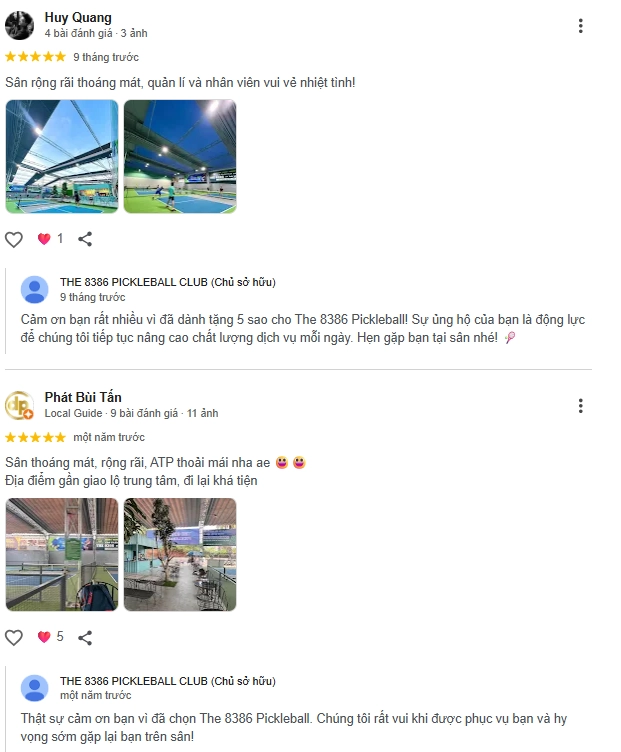 Đánh giá của người chơi tại sân The 8386 Pickleball Club