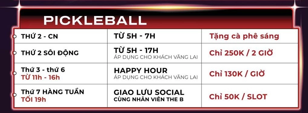 Bảng giá thuê sân The B Pickleball