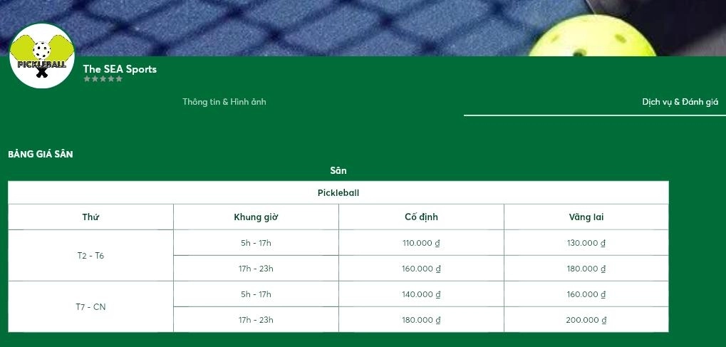 Cập nhật giá thuê sân the sea pickleball