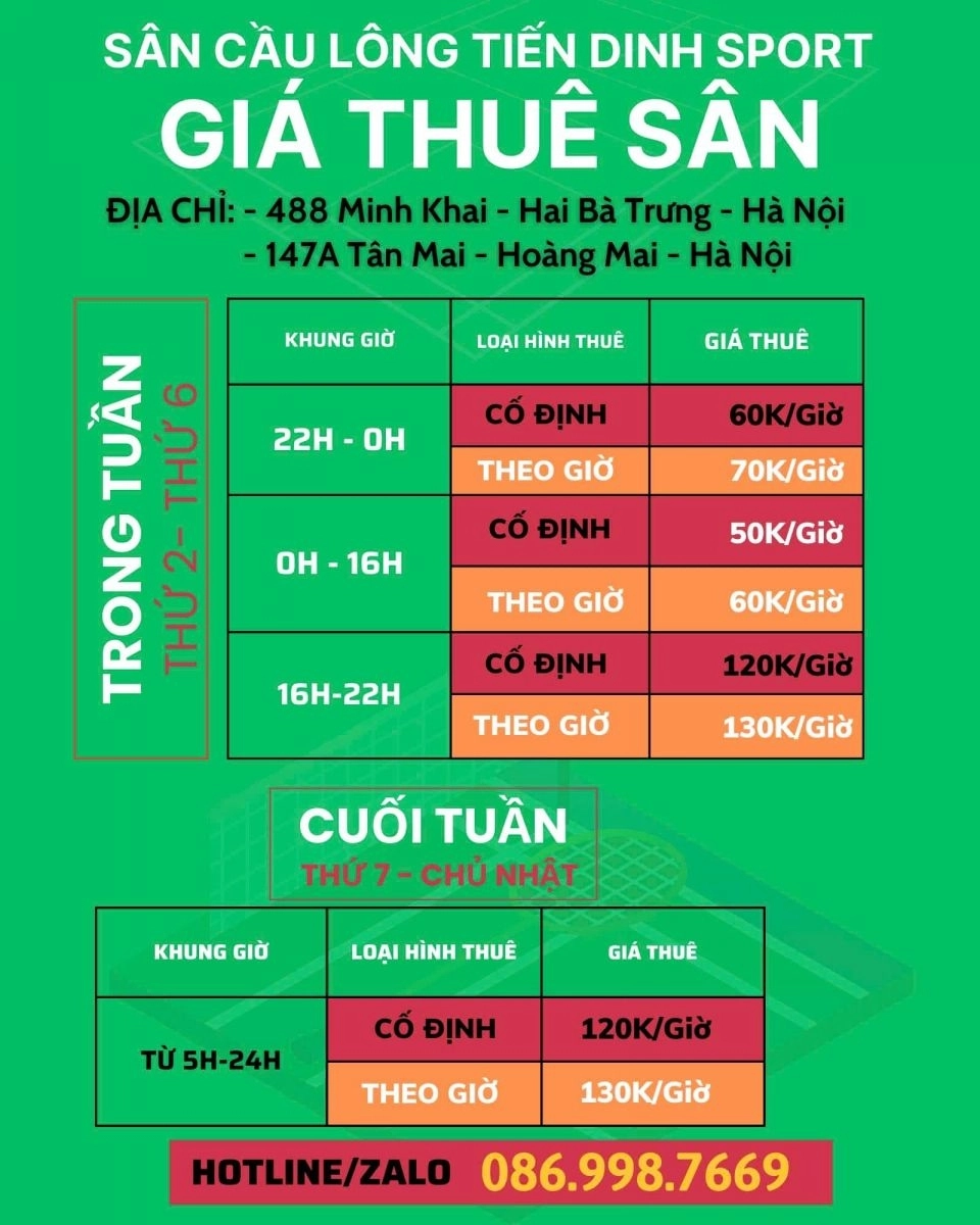 Giá thuê Tiến Dinh Sport sân cầu lông