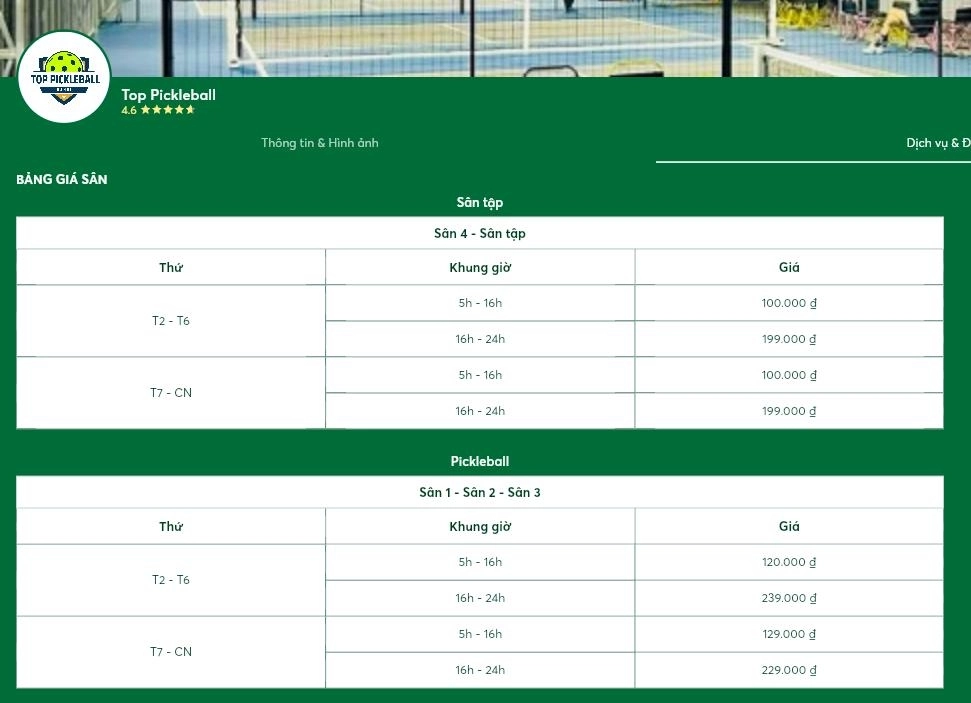Bảng giá thuê sân Top pickleball Hồ Rùa