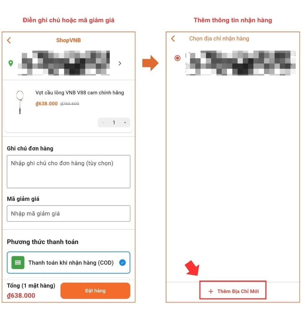 Điền ghi chú, mã giảm giá và thông tin nhận hàng