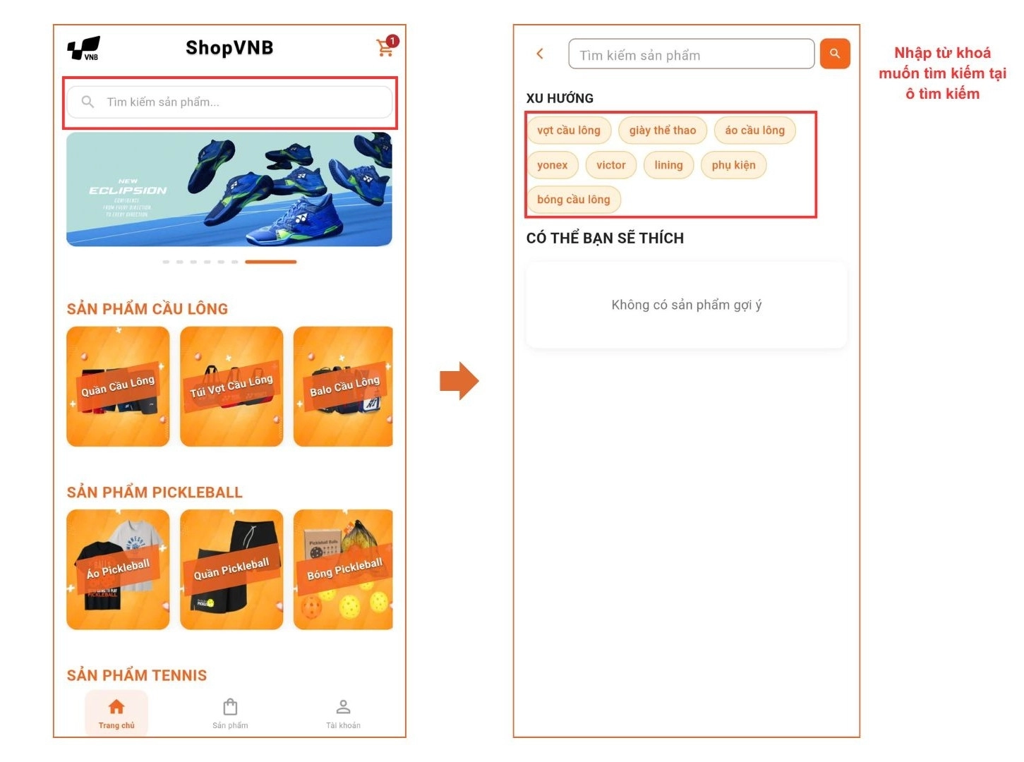 Tìm kiếm các sản phẩm trên app ShopVNB