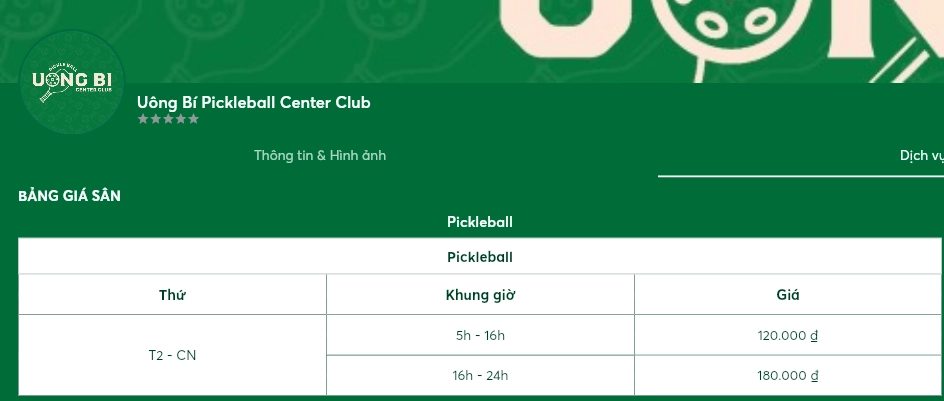 Giá thuê sân Uông Bí Pickleball