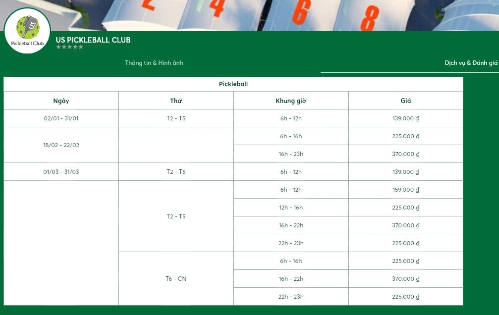 Báng giá thuê sân US Pickleball Club