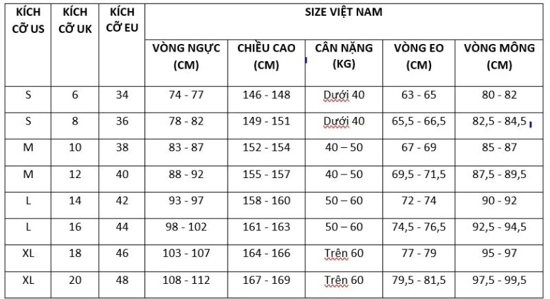 Bảng size váy cầu lông 