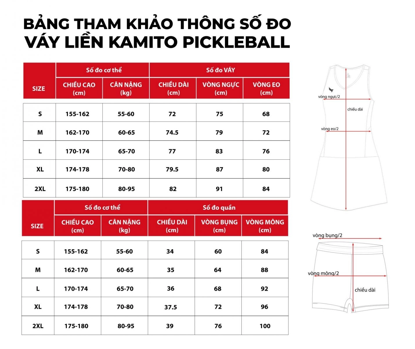 Bảng size Váy Pickleball Kamito Tiamo