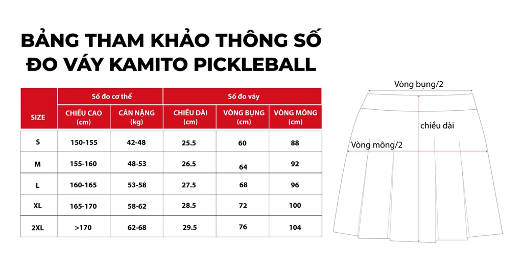 Bảng size Váy Pickleball Kamito Tiamo