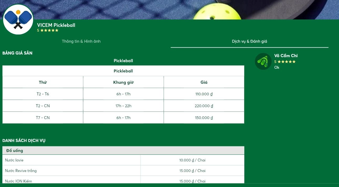 Bảng giá thuê sân VICEM Pickleball
