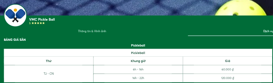Giá thuê sân VMC Pickleball