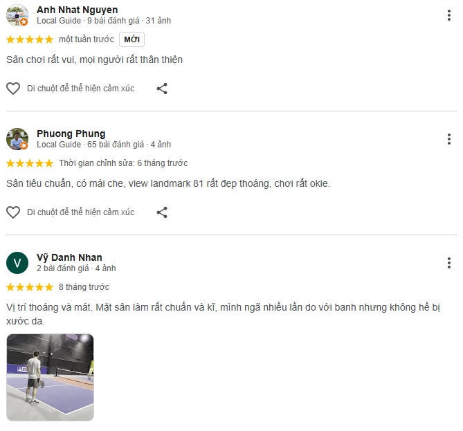  Đánh giá của người chơi tại sân Vova Pickleball 