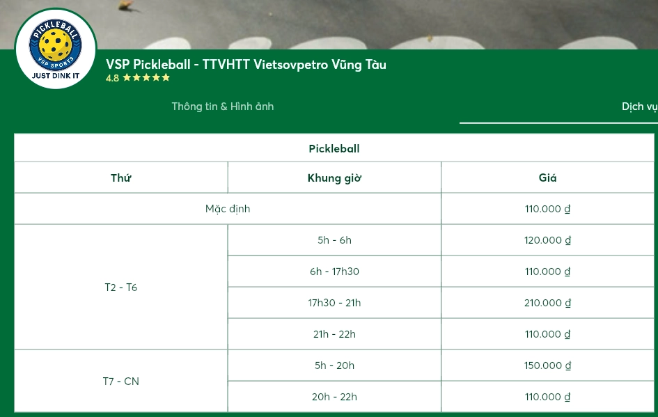 Giá thuê sân VSP Pickleball