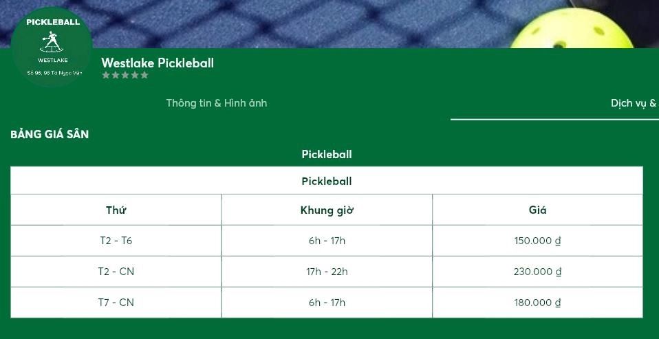 Cập nhật bảng giá thuê sân Westlake Pickleball