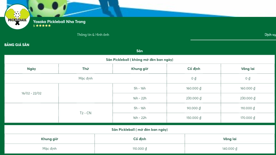 Giá thuê sân Yasaka Pickleball Nha Trang