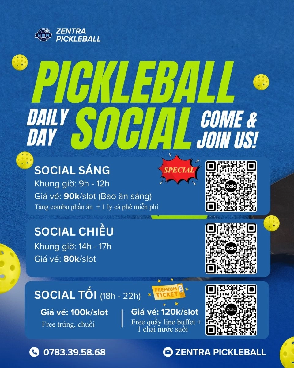 Bảng giá đánh social tại zentra pickleball