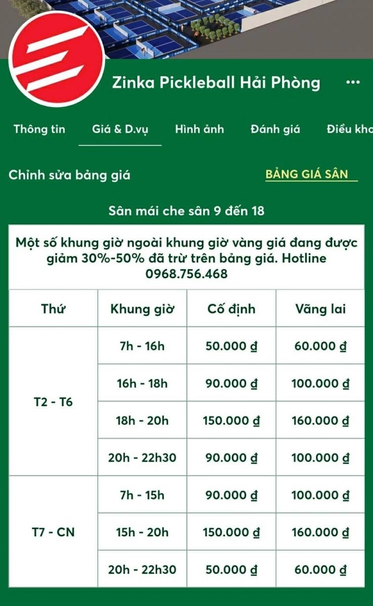 Bảng giá thuê sân zinka pickleball