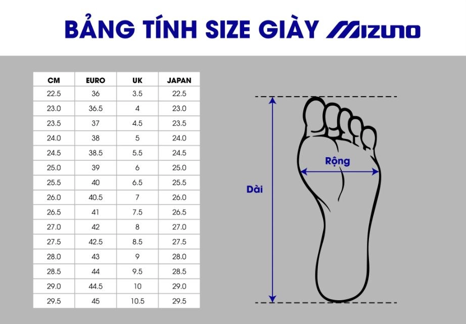 Bảng size của Giày cầu lông Mizuno Cyclone Speed 4 - Trắng xanh chính hãng (V1GA238021)