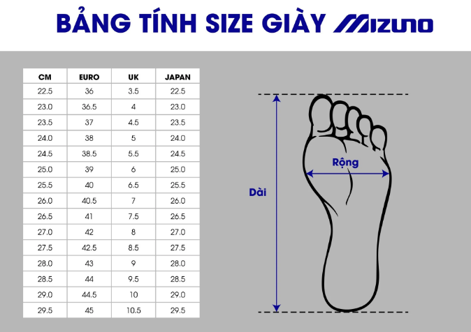 Bảng Size Giày cầu lông Mizuno Gate Sky - Xanh vàng