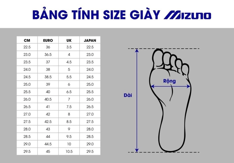Bảng size giày cầu lông Mizuno Wave Claw 3 - Trắng Đen Đỏ Chính Hãng (71GA244303)
