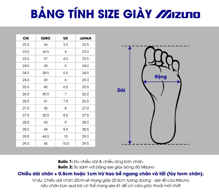 Bảng size Giày cầu lông Mizuno Wave Claw EL - Xanh trắng (Mã JP)