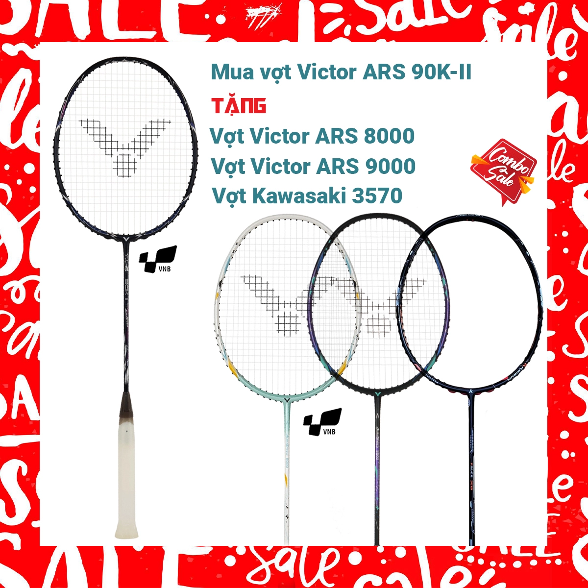Combo mua vợt cầu lông Victor ARS 90K II tặng vợt Victor ARS 8000 + vợt Victor ARS 9000 + Vợt Kawasaki 3570