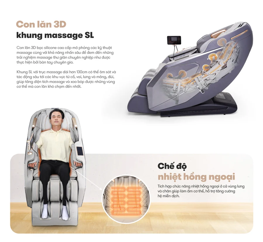 Con lăn 3D, khung massage SL và chế độ nhiệt hồng ngoại của Ghế Massage Kingsport G84