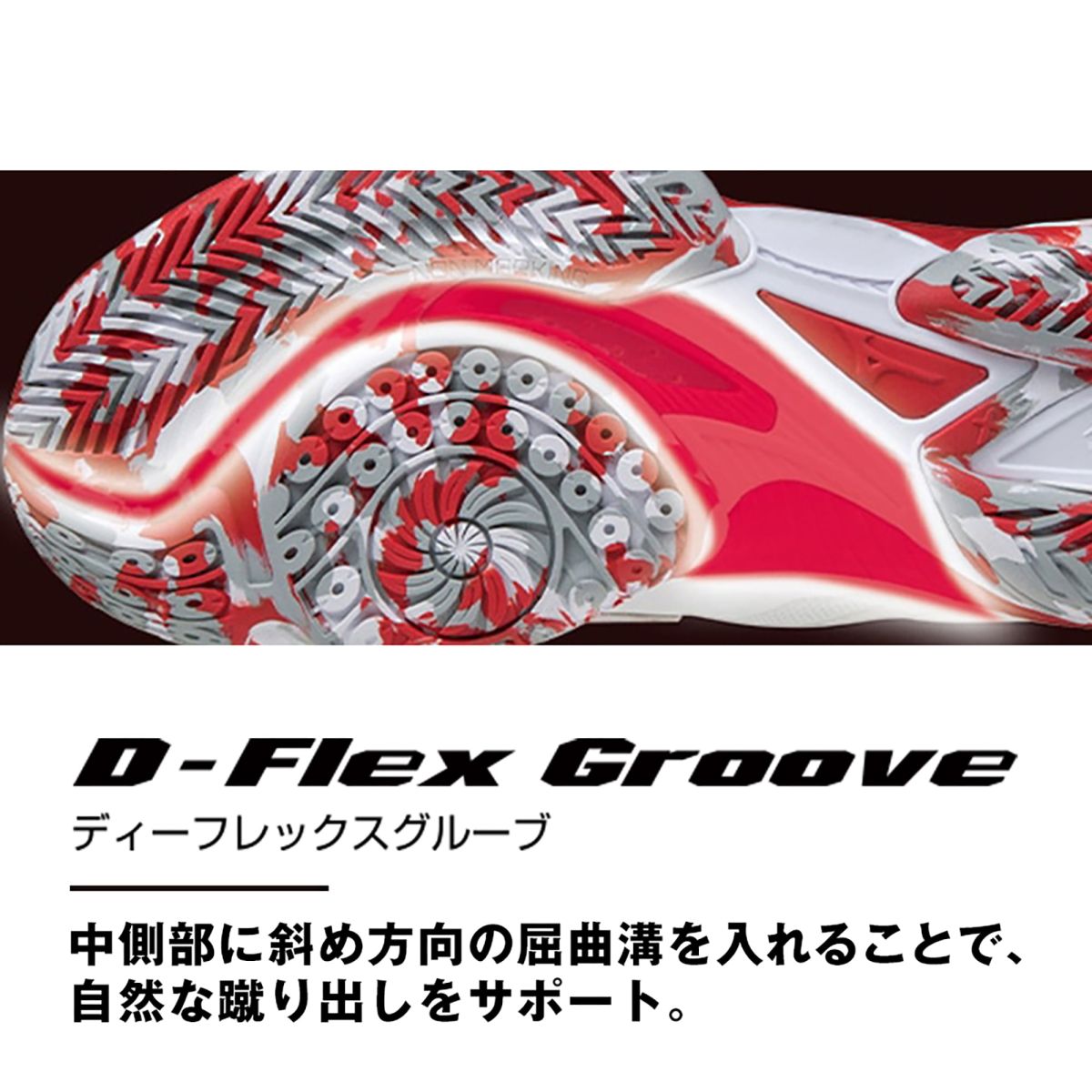 Công nghệ D-FLEX GROOVE của giày cầu lông Mizuno Wave Claw 3 - Trắng Đen Đỏ Chính Hãng (71GA244303)