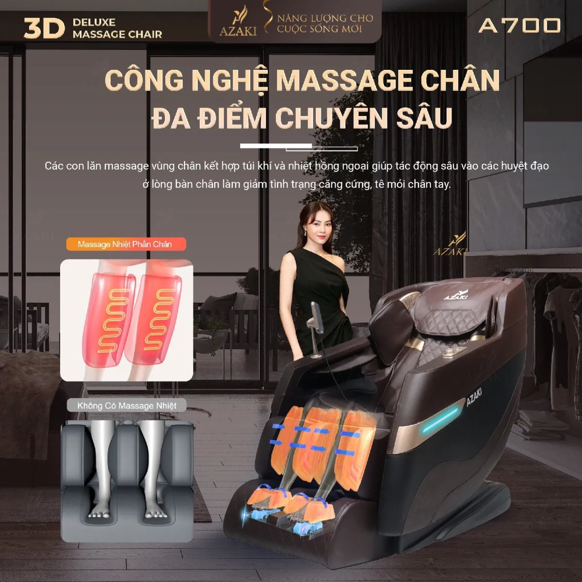 Công nghệ massage chân đa điểm chuyên sâu của ghế Massage Azaki A700 - Nâu Chính Hãng