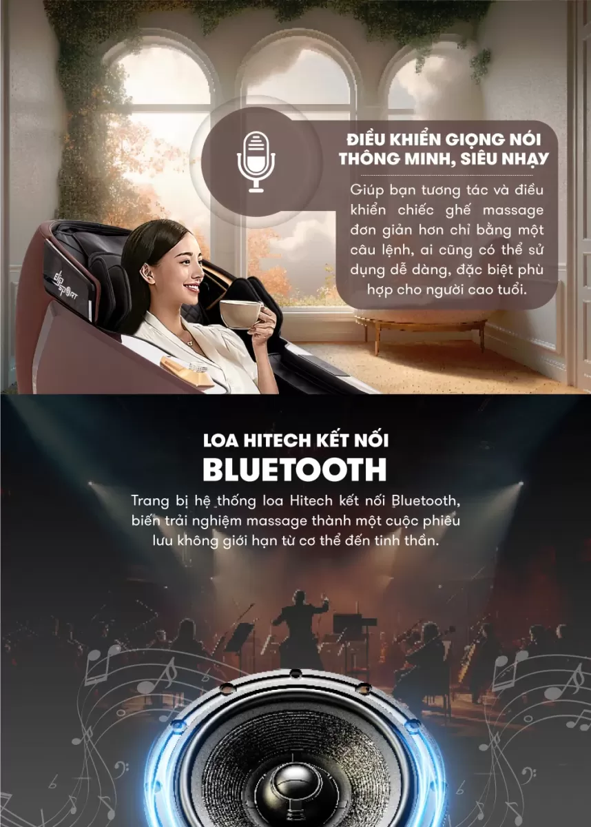 Điều khiển bằng giọng nói và loa bluetooth của Ghế Massage Elip G10
