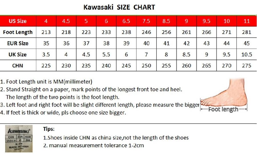 Bảng size giày cầu lông nữ Kawasaki 162 trắng hồng 2020
