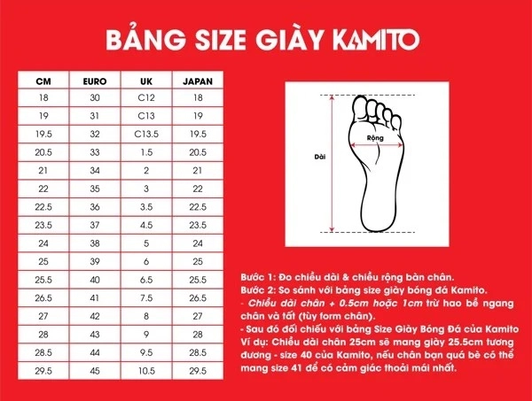 Bảng chon size giày đánh cầu lông Kamito Calo - Đen đỏ chính hãng