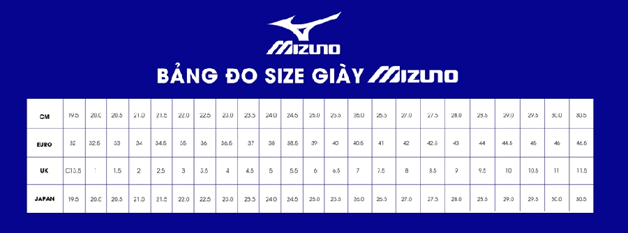 Bảng chọn size giầy cầu lông Mizuno Wave Fang Zero đỏ đen chính hãng