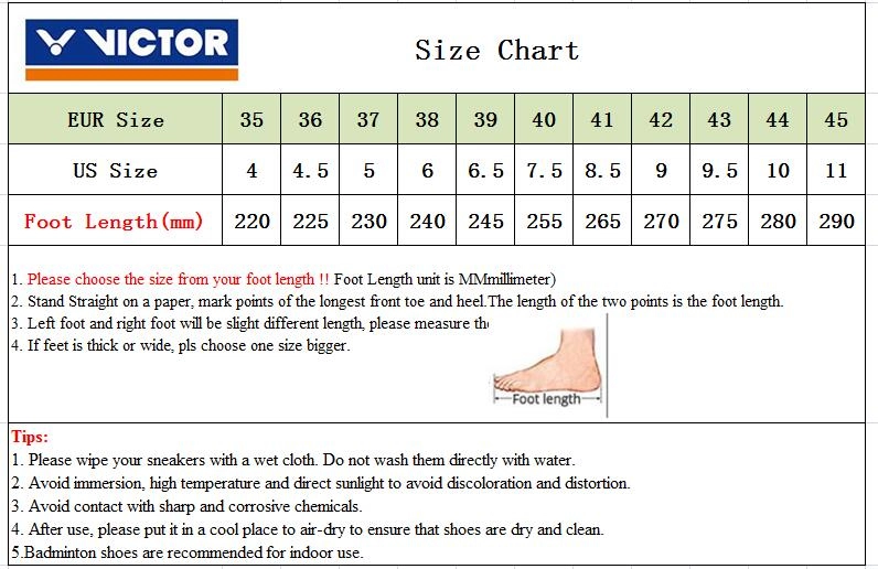 Bảng chọn size giày cầu lông Victor