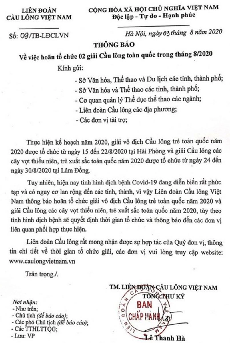 Liên đoàn Cầu lông Việt Nam phải hủy tiếp 2 giải đấu do ảnh hưởng bởi dịch COVID-19