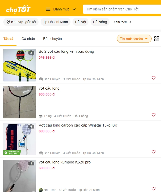 Chợ tốt - trang web mua vợt cầu lông cũ uy tín hiện nay
