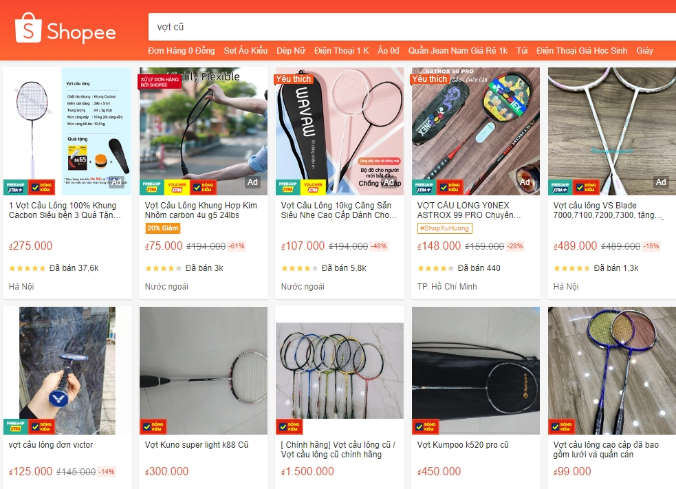 Shopee - trang web mua vợt cầu lông cũ uy tín hiện nay