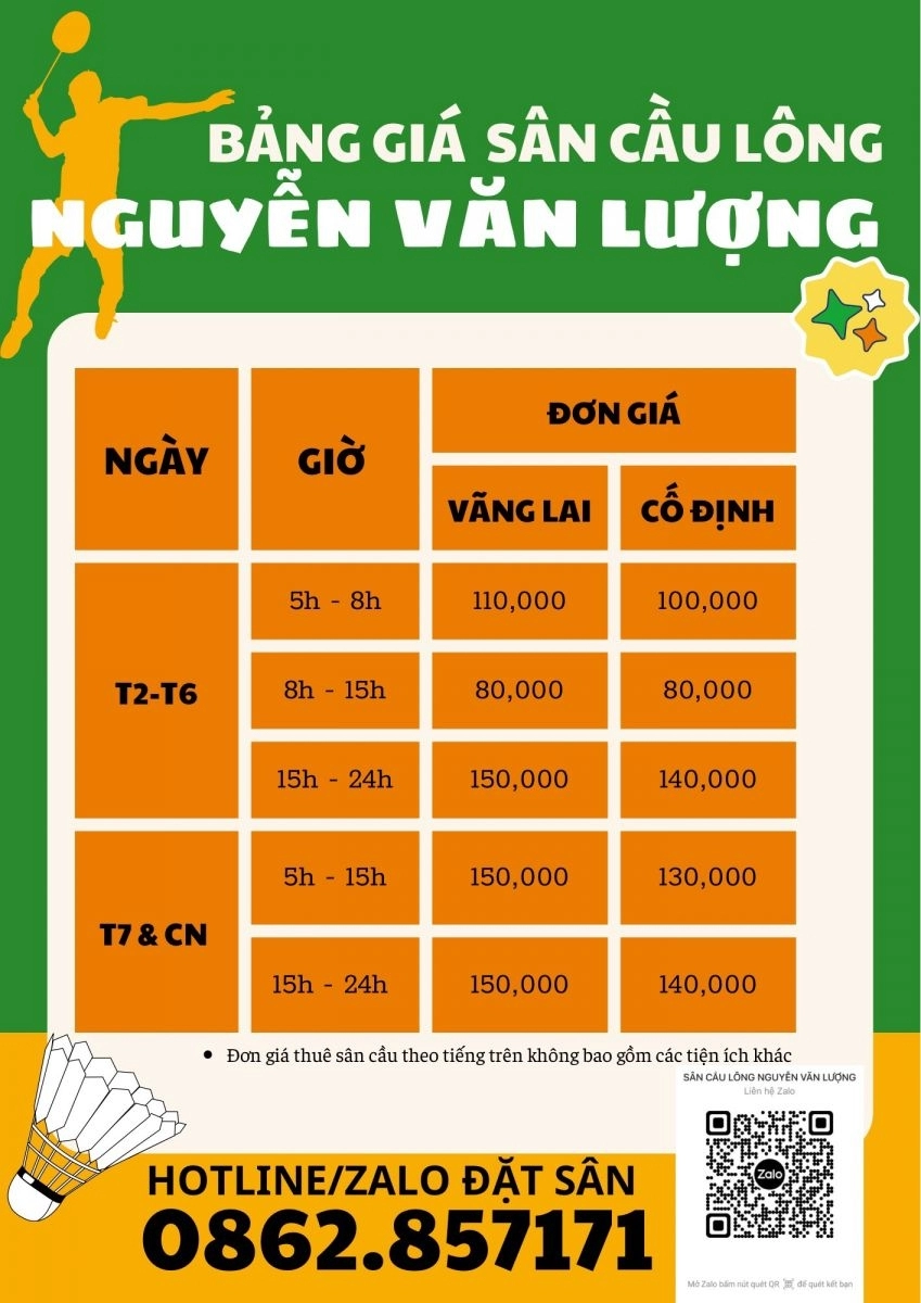 bảng giá thuê sân cầu lông Nguyễn Văn Lượng 