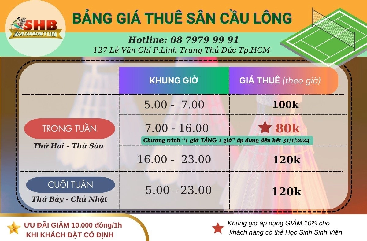 Bảng giá thuê sân cầu lông SHB Badminton